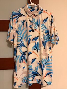 Bad Birdie Blue & Cream Tropical Leaf Polo